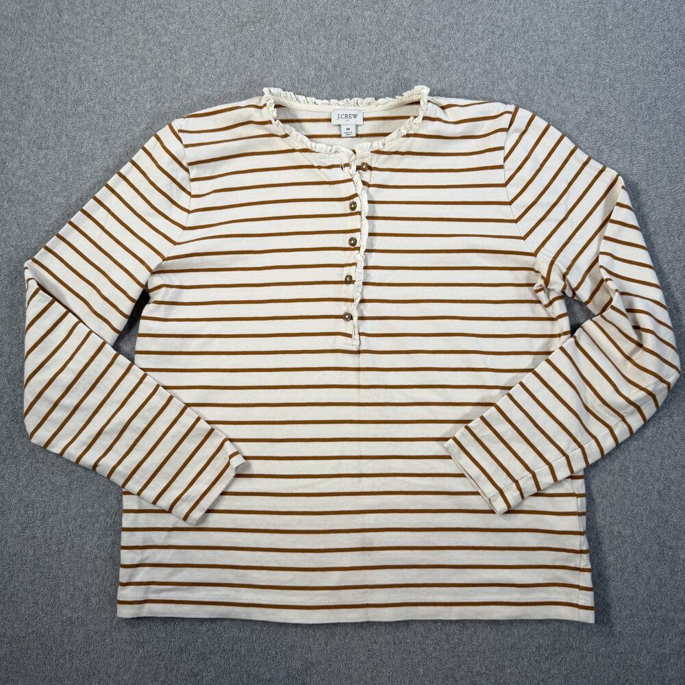 J.Crew Size Medium Striped Henley Ruffle Neck Long Sleeve Cotton Top BS211